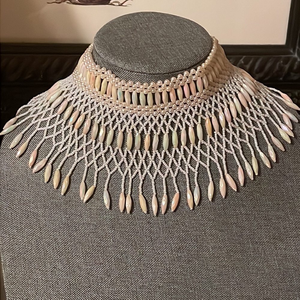White Beaded Choker or Bib Collar